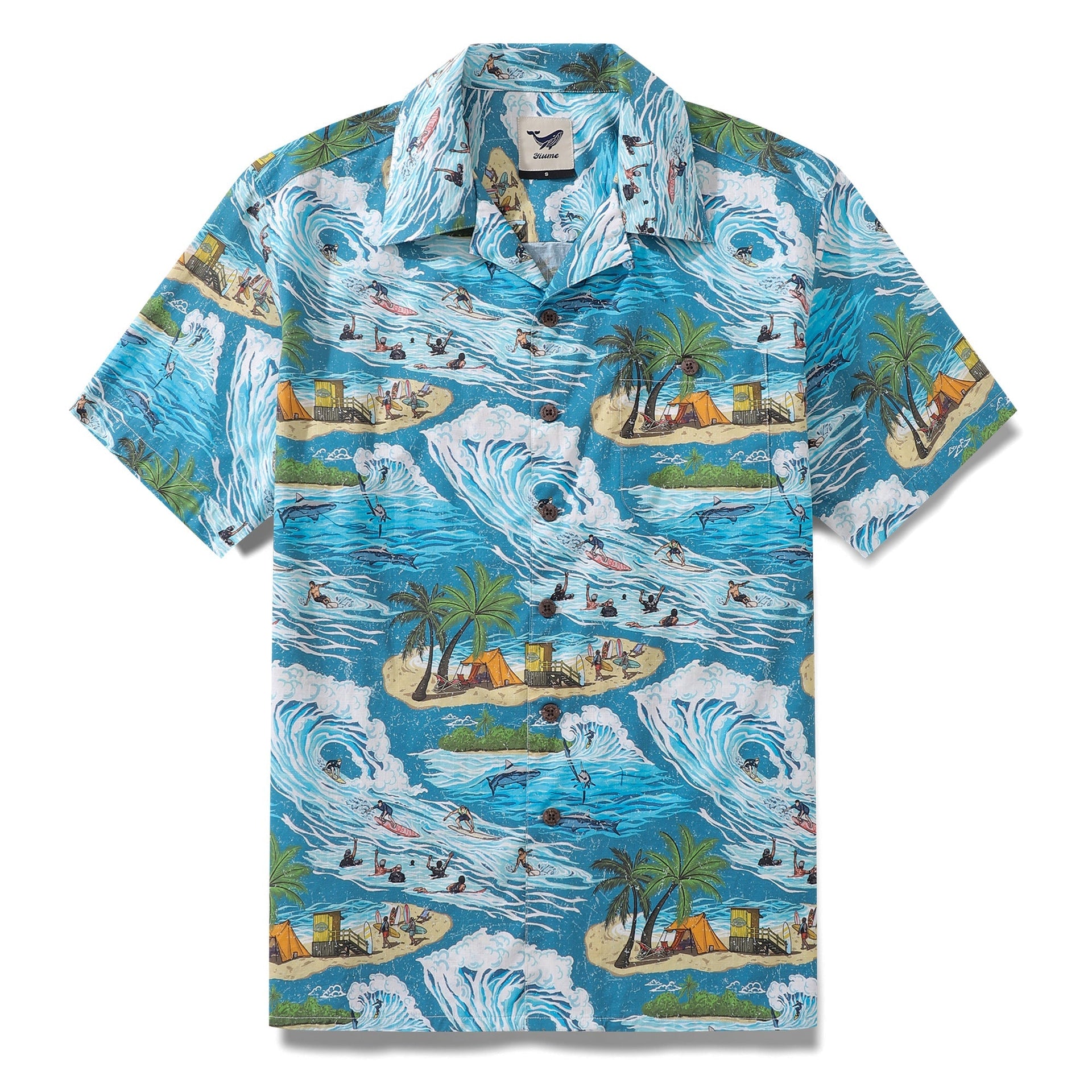 Men's vintage Ocean Thrills surfing print 100% cotton camp shirt.