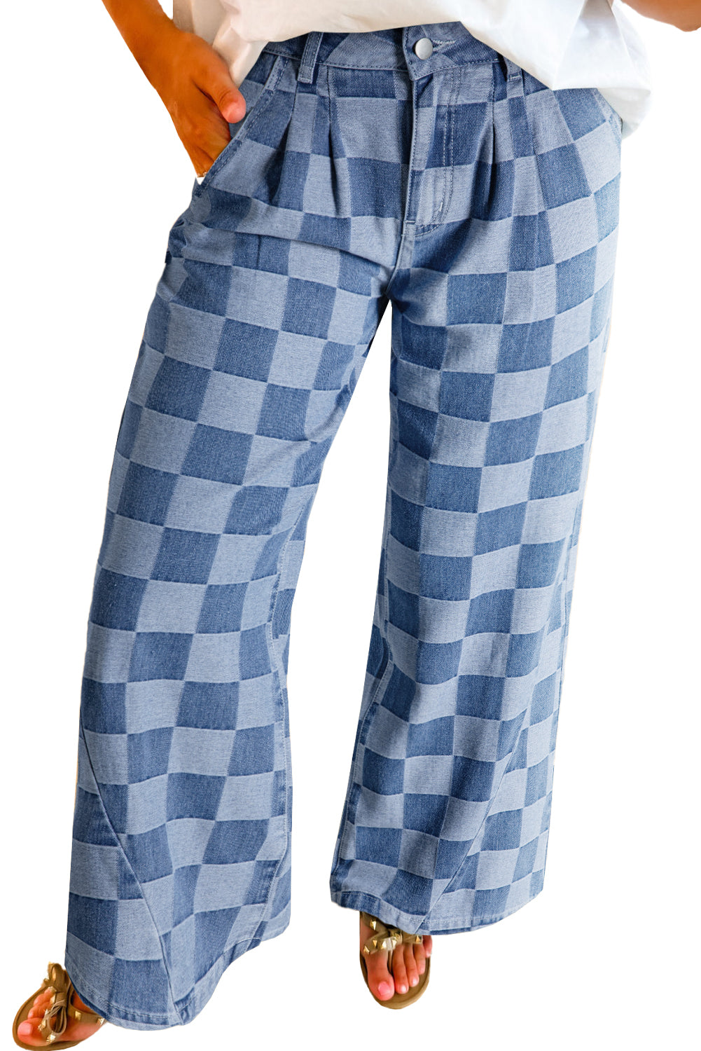 112 Dusk Blue Checkered Wide Leg Jeans | Light Wash