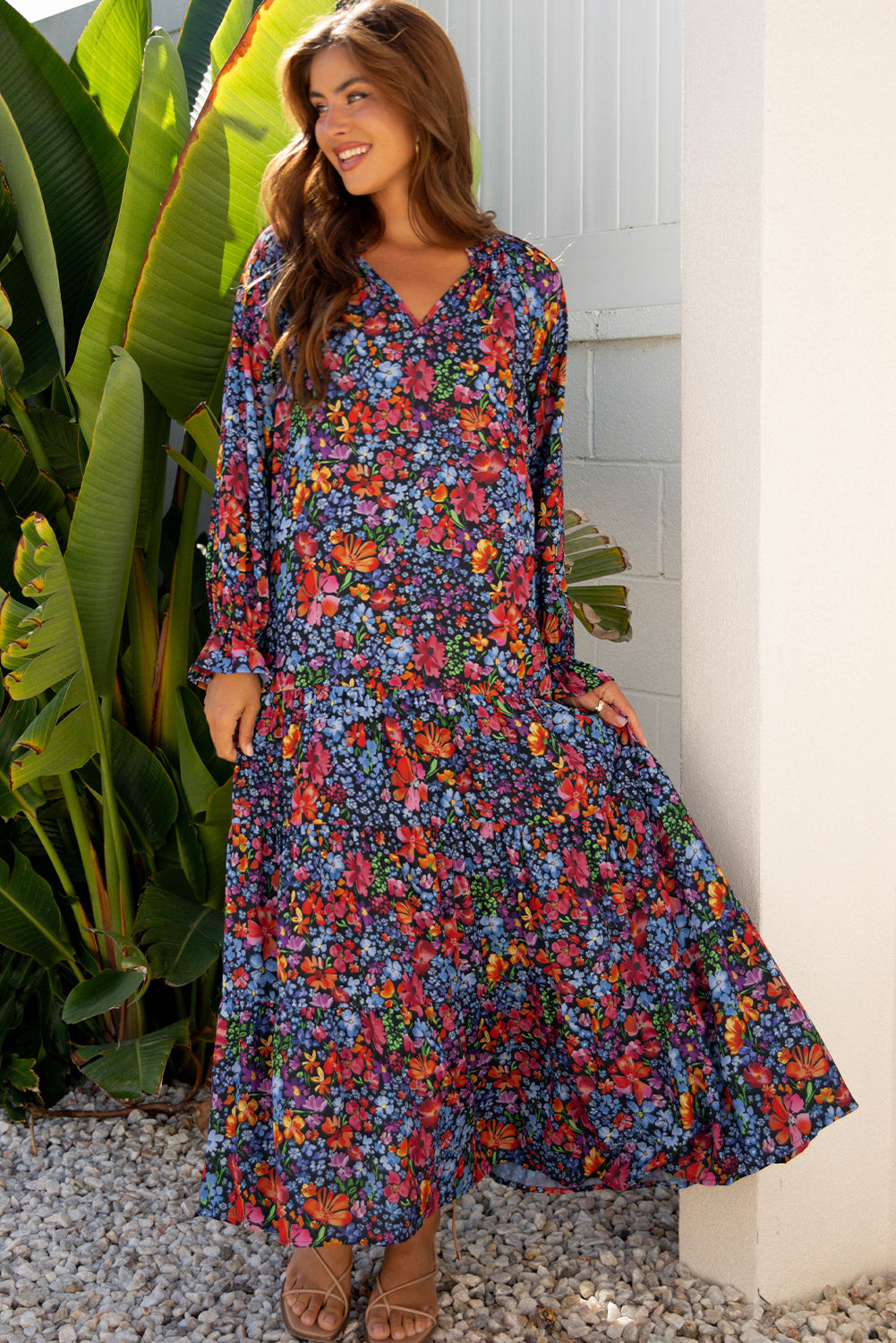 Floral V-Neck Long Sleeve Maxi Dress