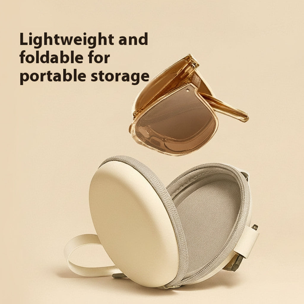Foldable sunglasses shown in partially folded position with included travel case.