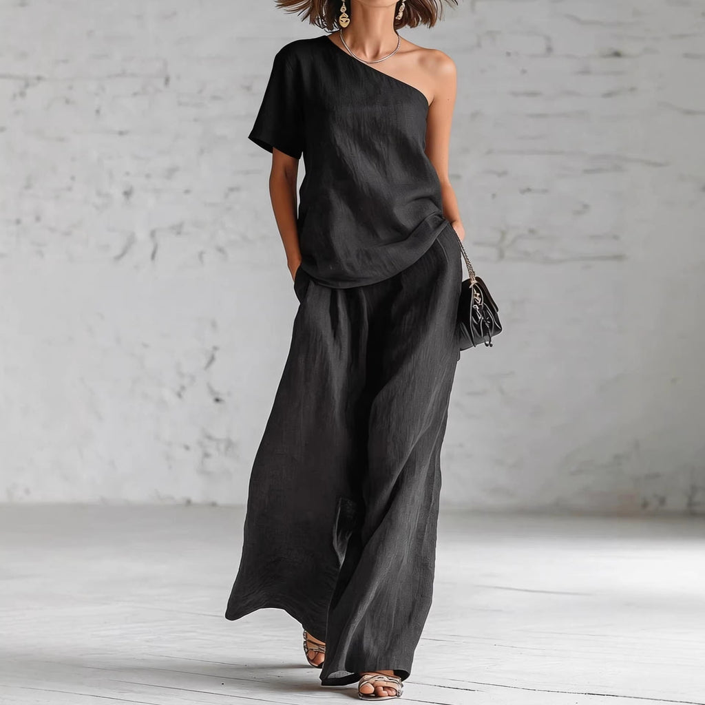 Women's One-Shoulder Top and Wide-Leg Pants Two-Piece Set - Image 3