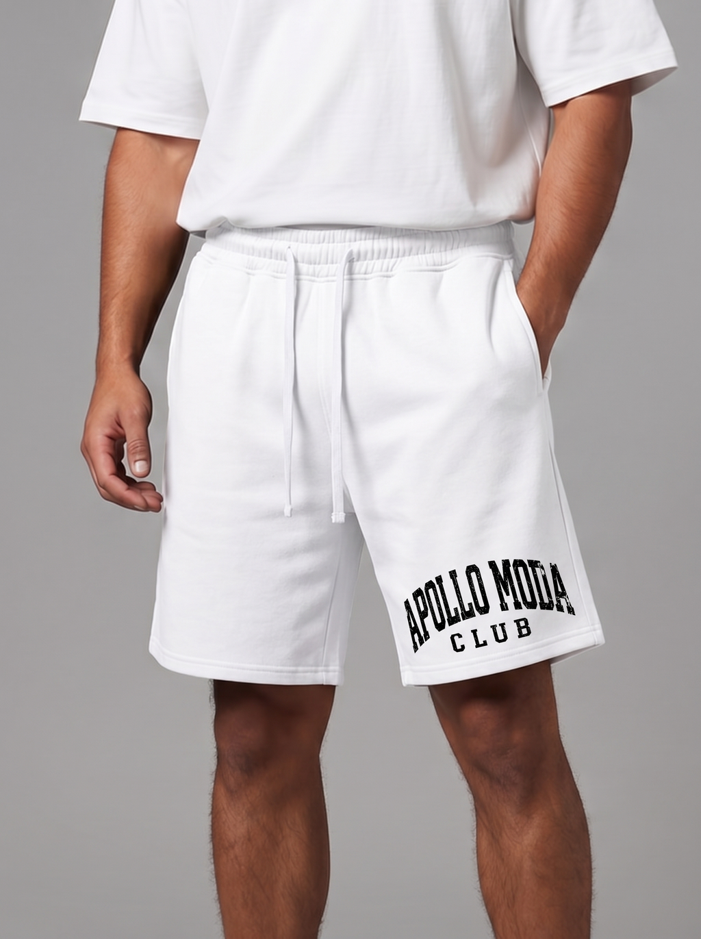 Men wearing relaxed fit Club Collegiate Sweat Shorts in black and white knit fabric