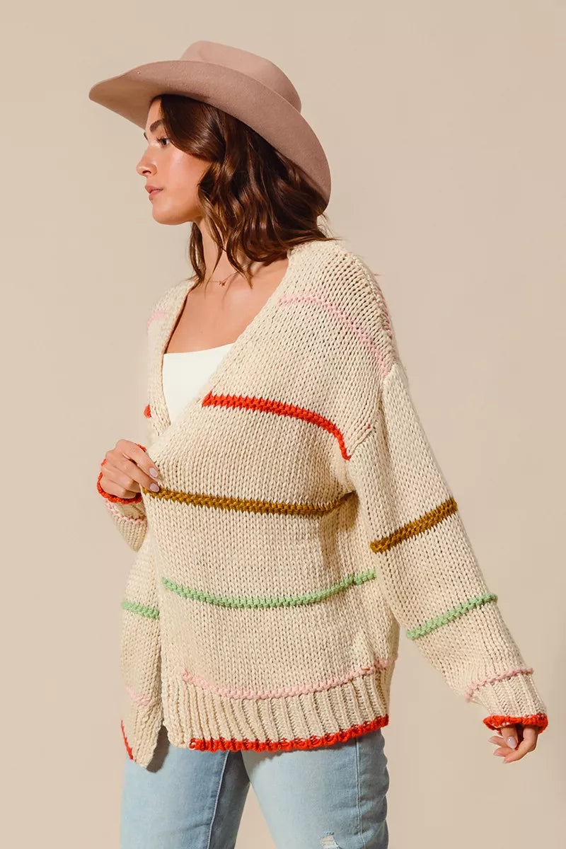 Loose Fit Multi Stripe Open Front Cardigan in Oatmeal