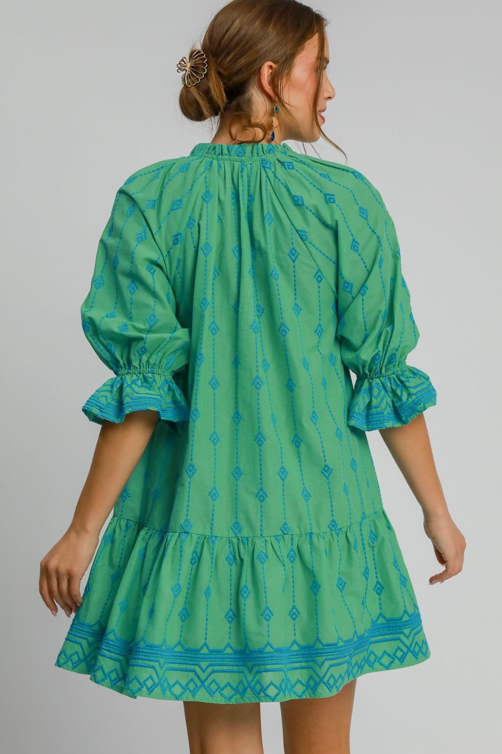 Tassel Embroidered Sleeve Mini Dress in Geometric Pattern