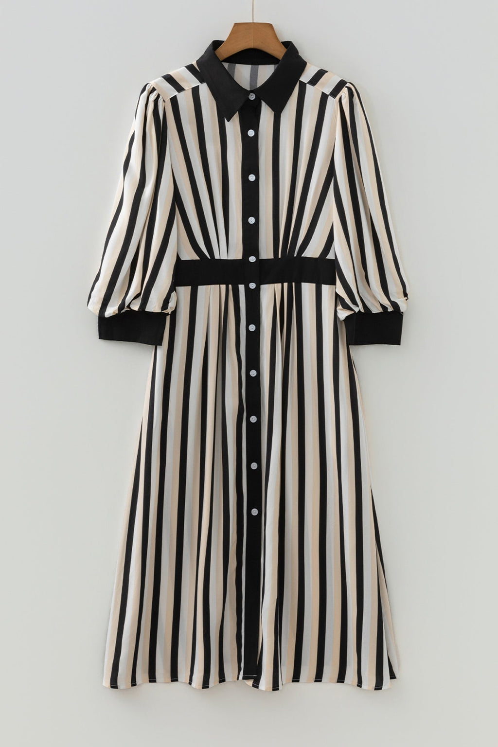 Black Stripe 3/4 Puff Sleeve Button Down Midi Dress