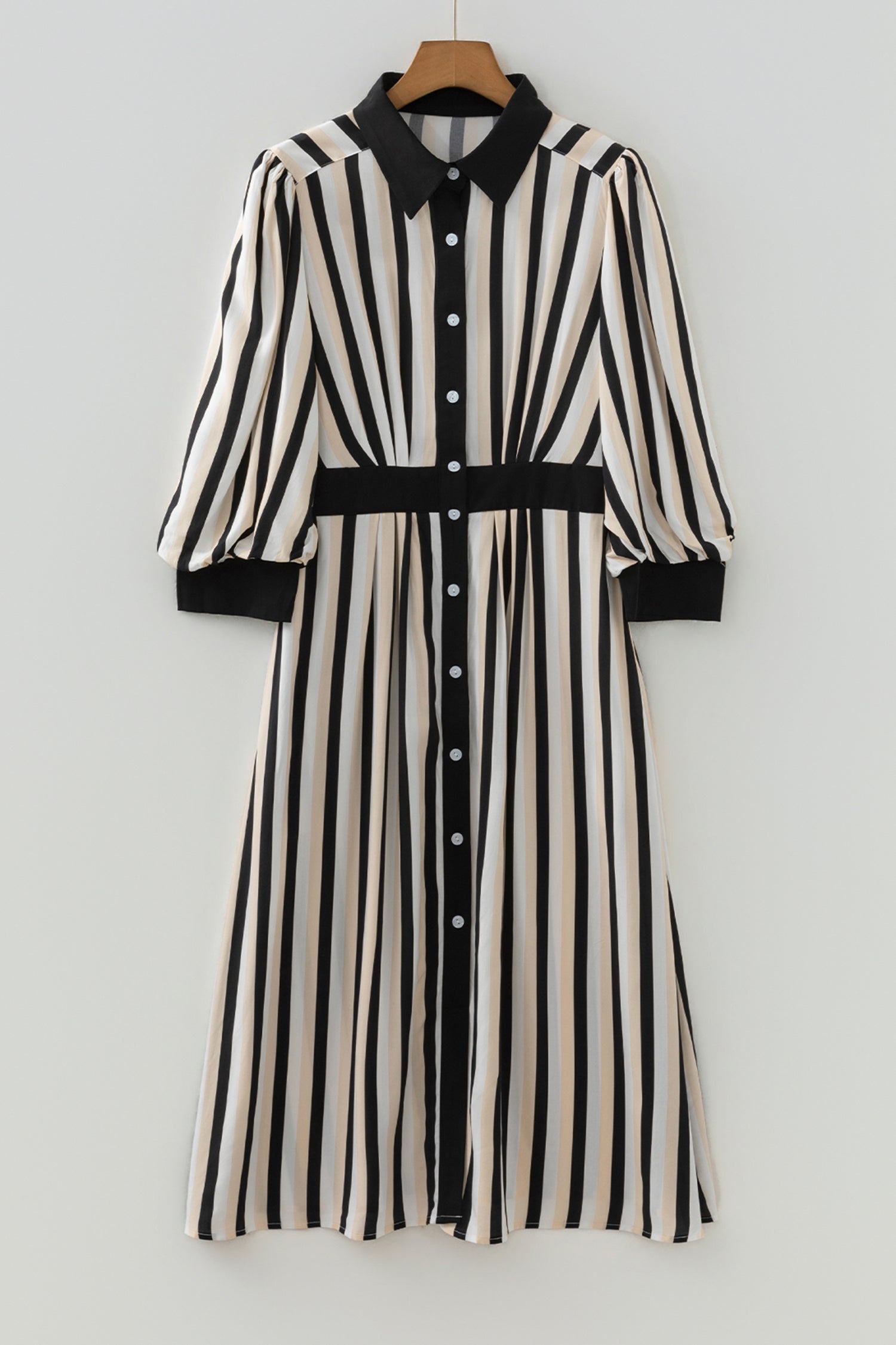 Black Stripe 3/4 Puff Sleeve Button Down Midi Dress