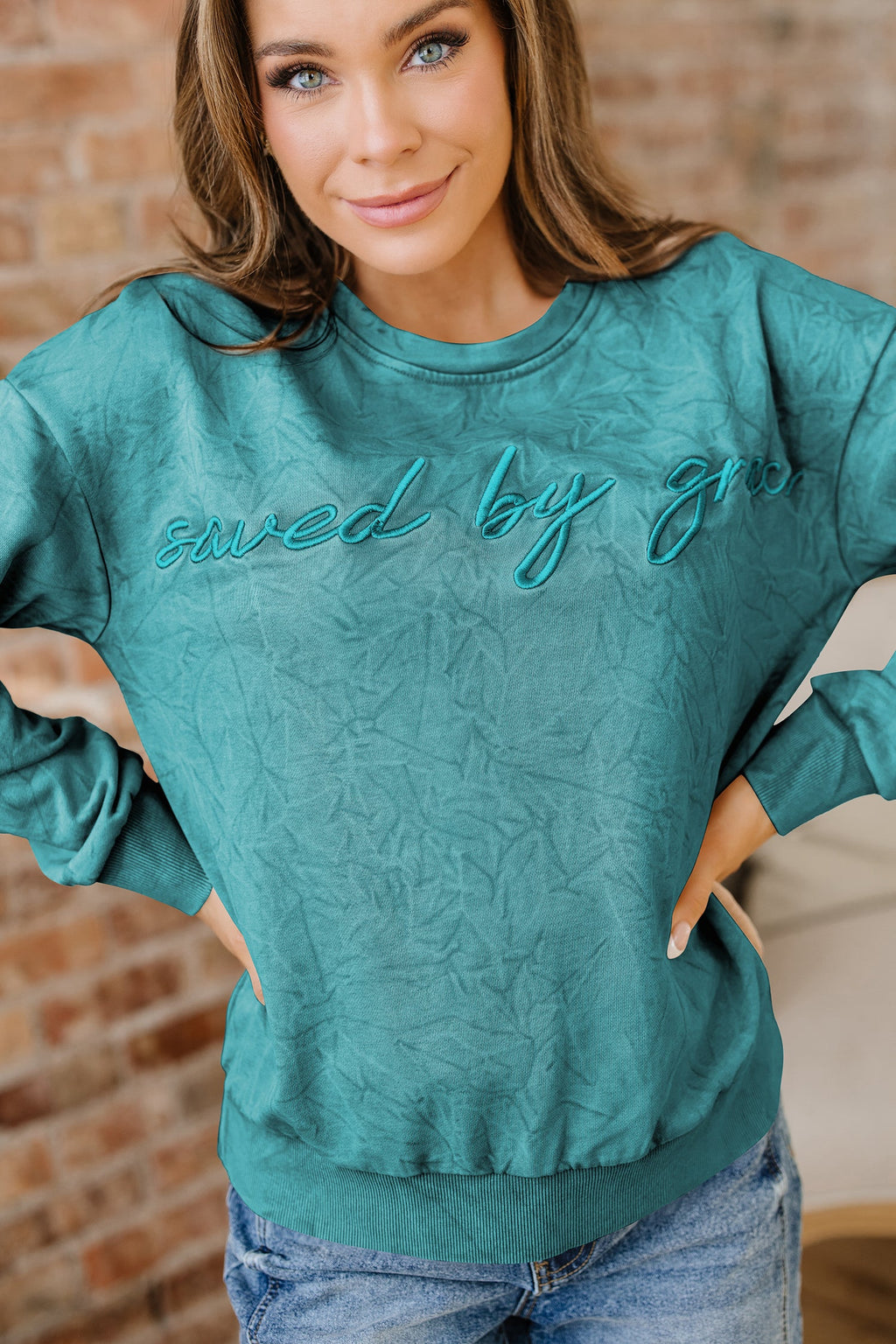 High-rise saved by grace Letter Embroidery Mineral Wash Loose Sweatshirt