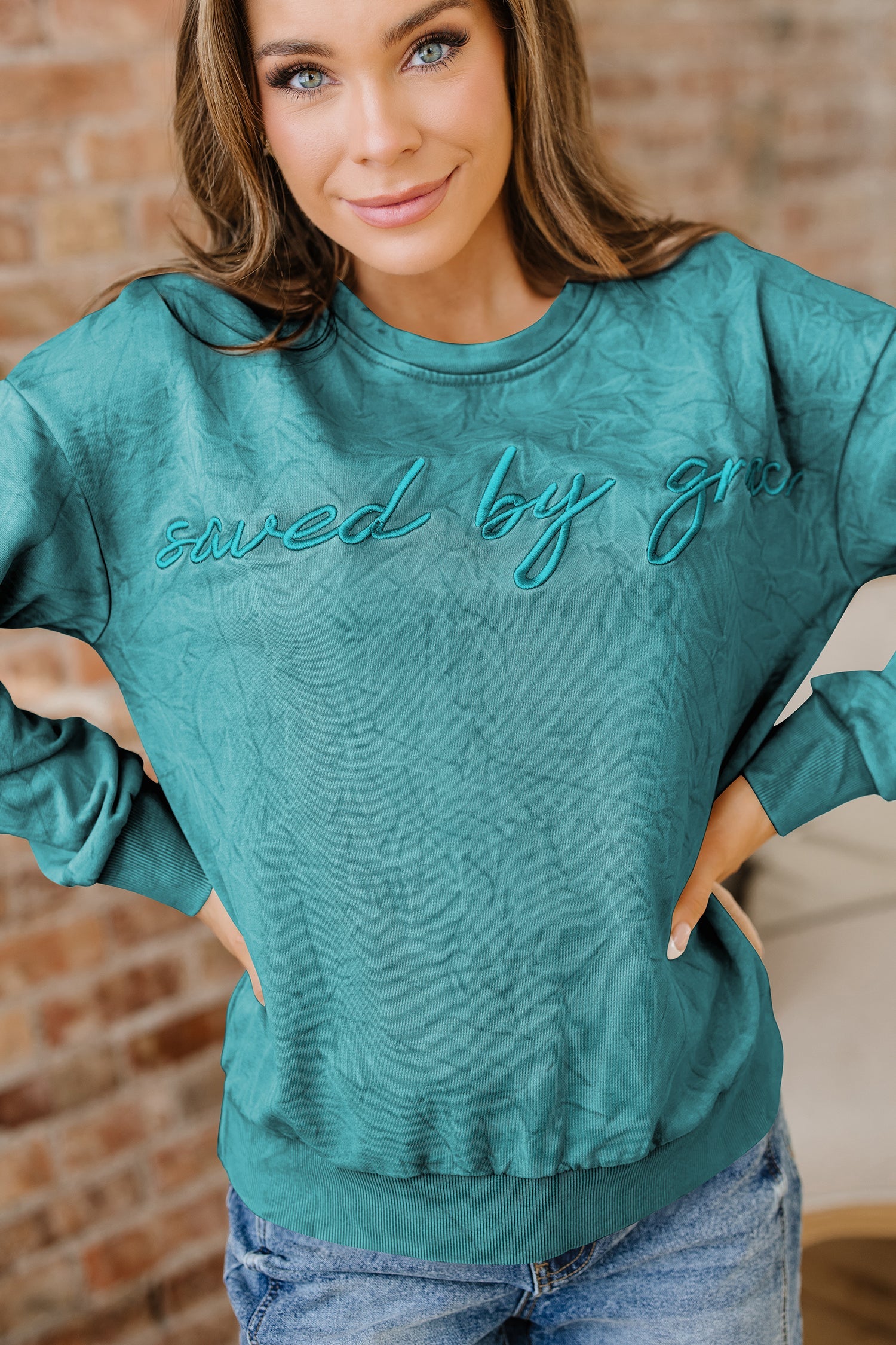 High-rise saved by grace Letter Embroidery Mineral Wash Loose Sweatshirt