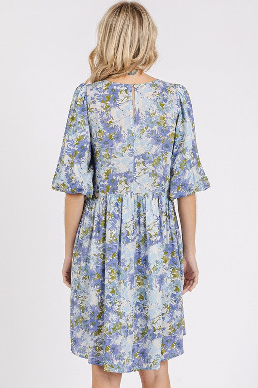 Floral Print Linen Blend Babydoll Mini Dress