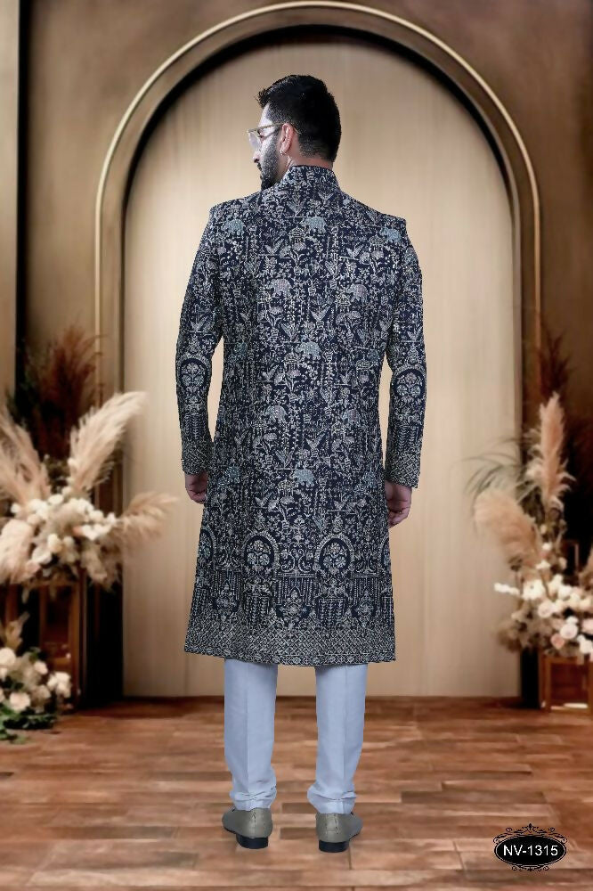 Blue and Pink Thread Embroidery Ethnic Kurta Pyjama Set for Boys