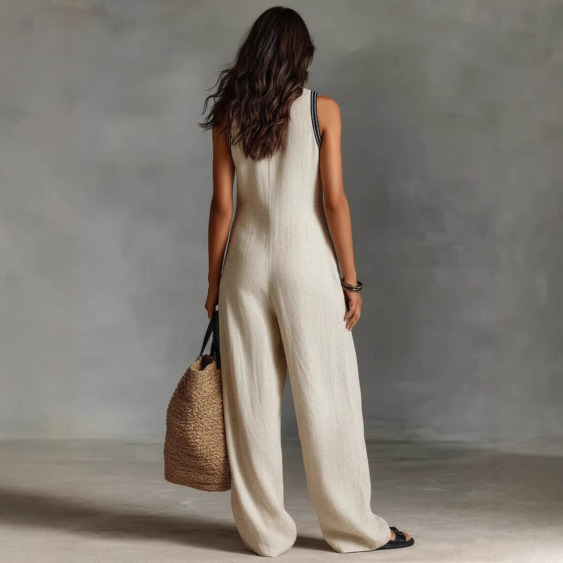 Women’s Sleeveless Linen-Blend Jumpsuit in Apricot Black Light Blue - Image 4