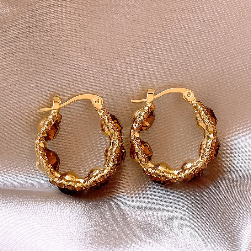 Coffee Crystal Hoop Ear Clips Elegant Light-luxury U-Shape