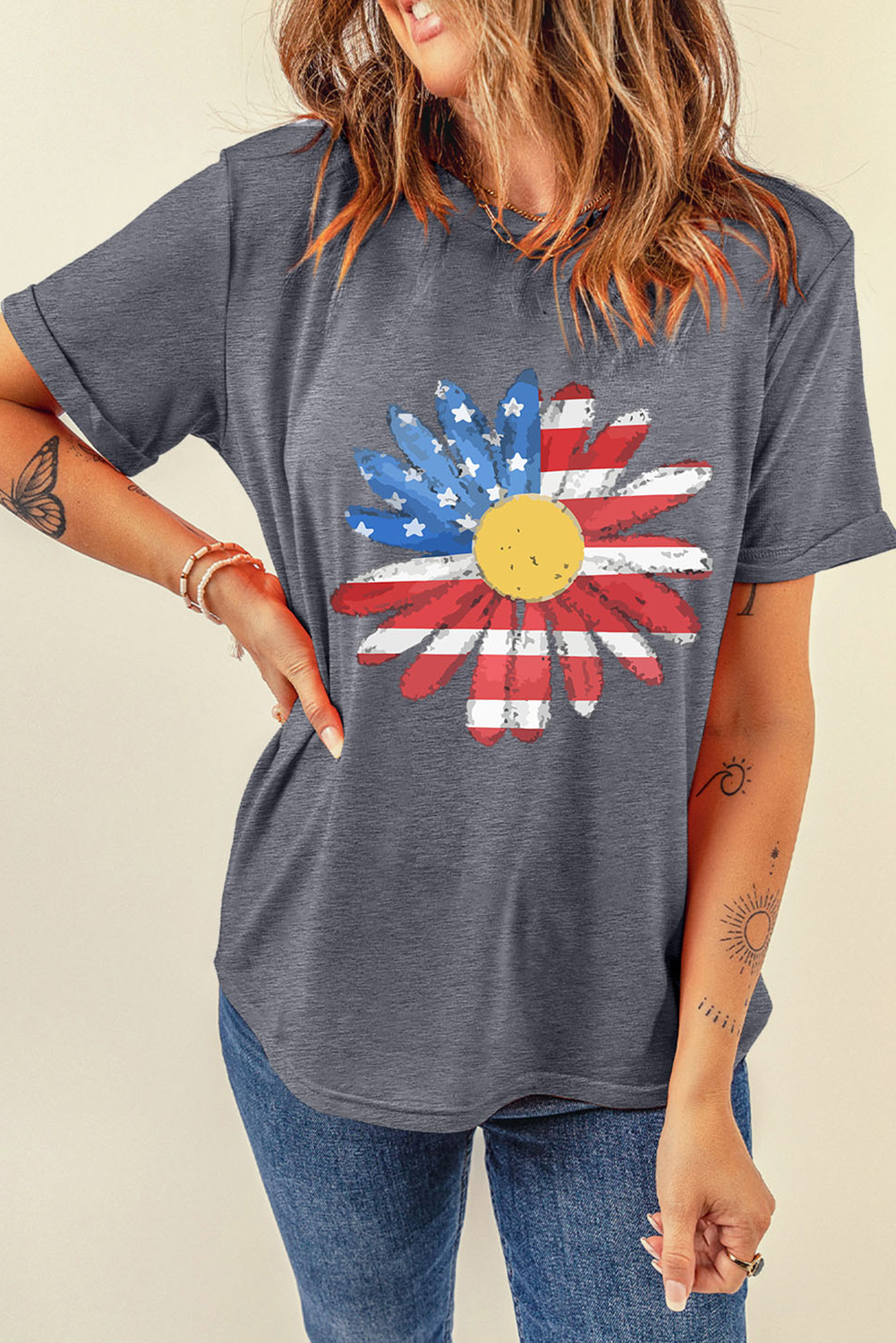 Gray Flag Pattern Sunflower Graphic Crew Neck Casual T-Shirt