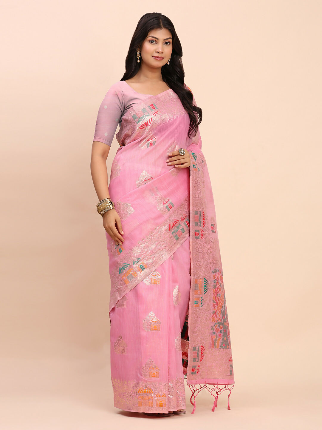 Pink Linen Cotton Saree with Matching Blouse Piece