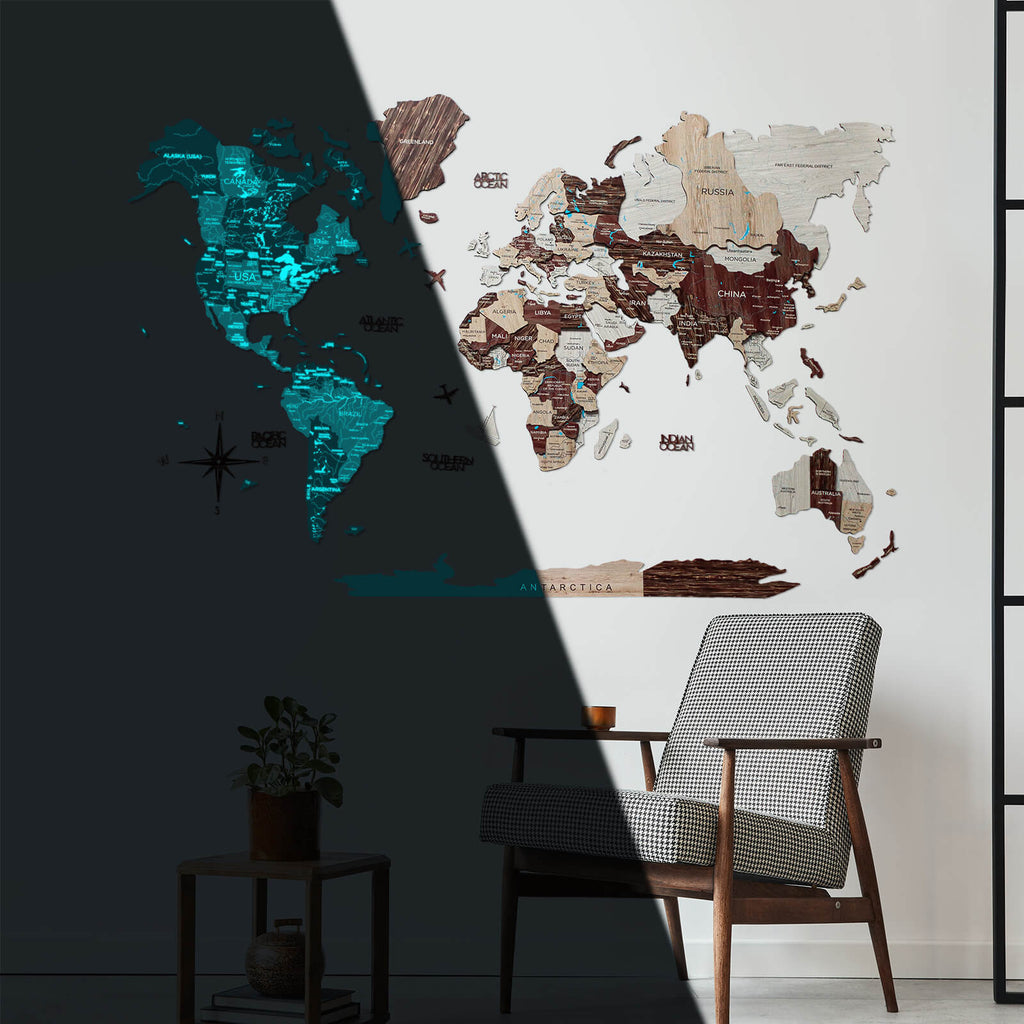 3D Luminous Colored Wooden World Map – Modern Travel Wall Art
