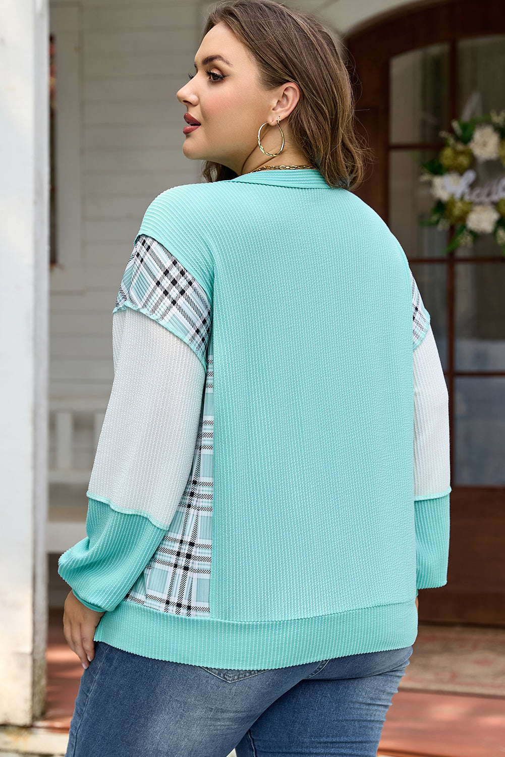 Plus Size Plaid Patchwork Corded Knit Long Sleeve Top