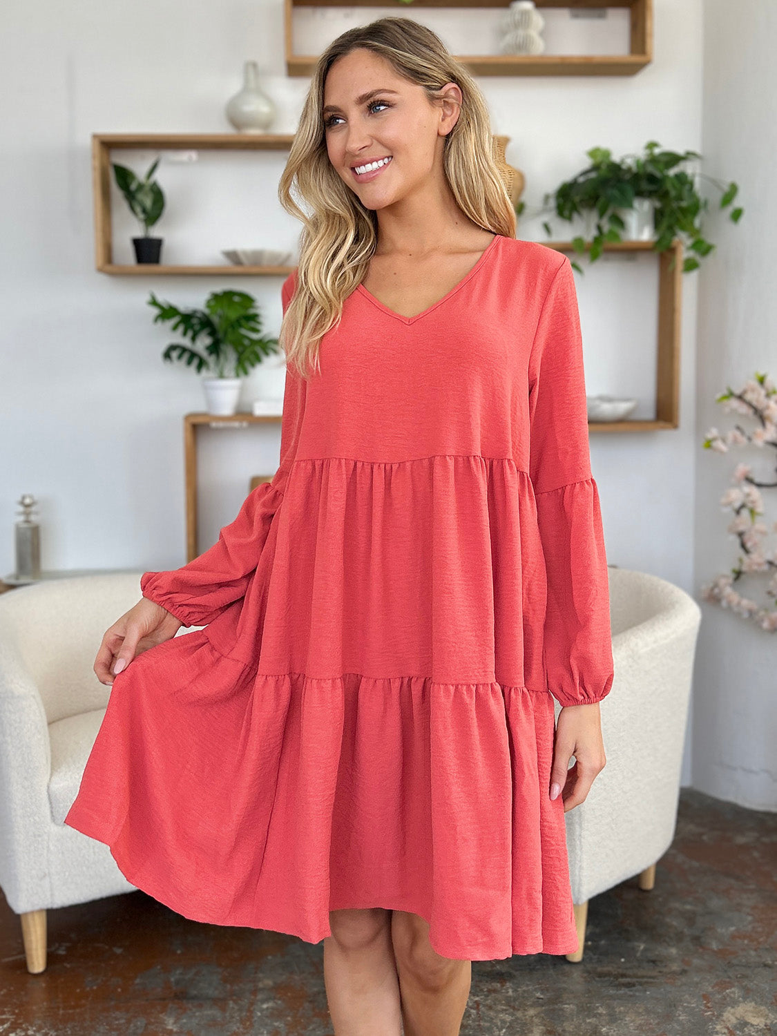 Light Green V-Neck Tiered Midi Dress with Side Pockets