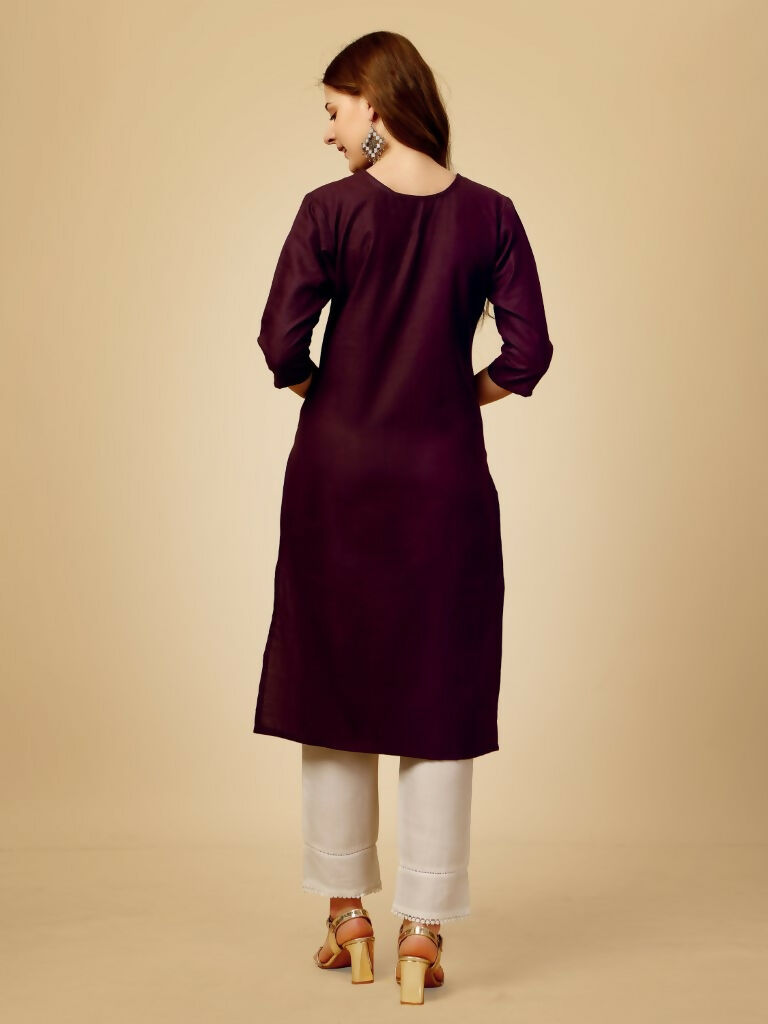 Women's Wine Cotton Blend Embroidered Kurta and Pant Set