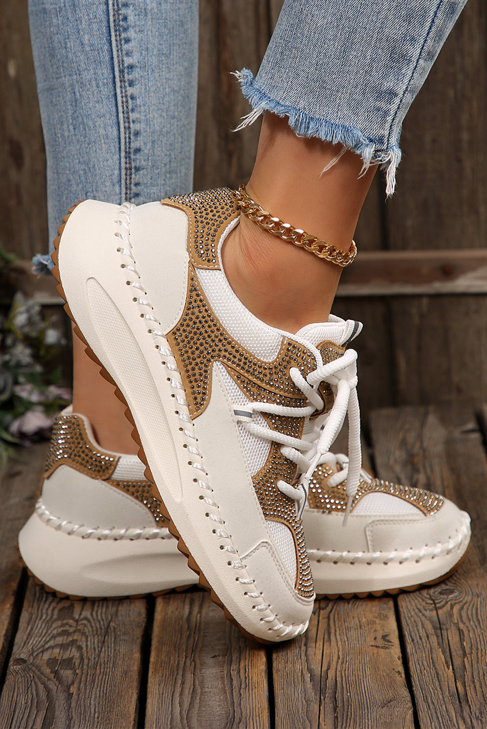 White Rhinestone Platform Sneakers Casual Lace Up Trainers