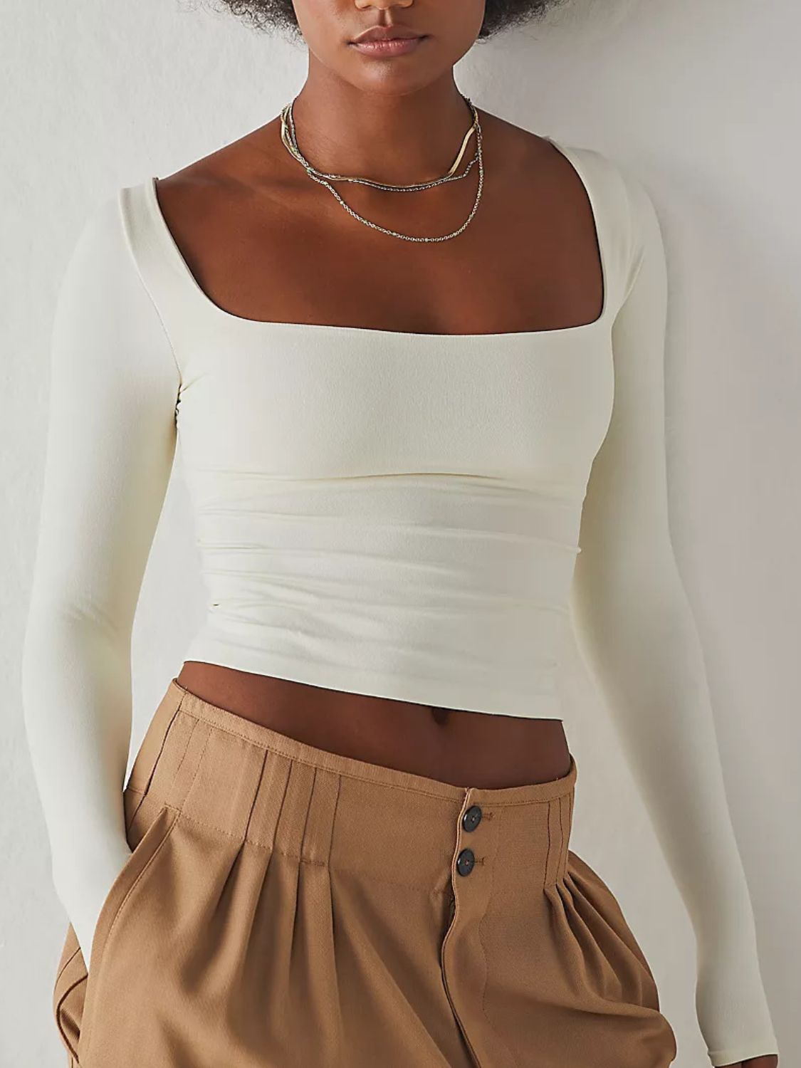 Square Neck Long Sleeve T-Shirt | Grey Fitted Knit Top