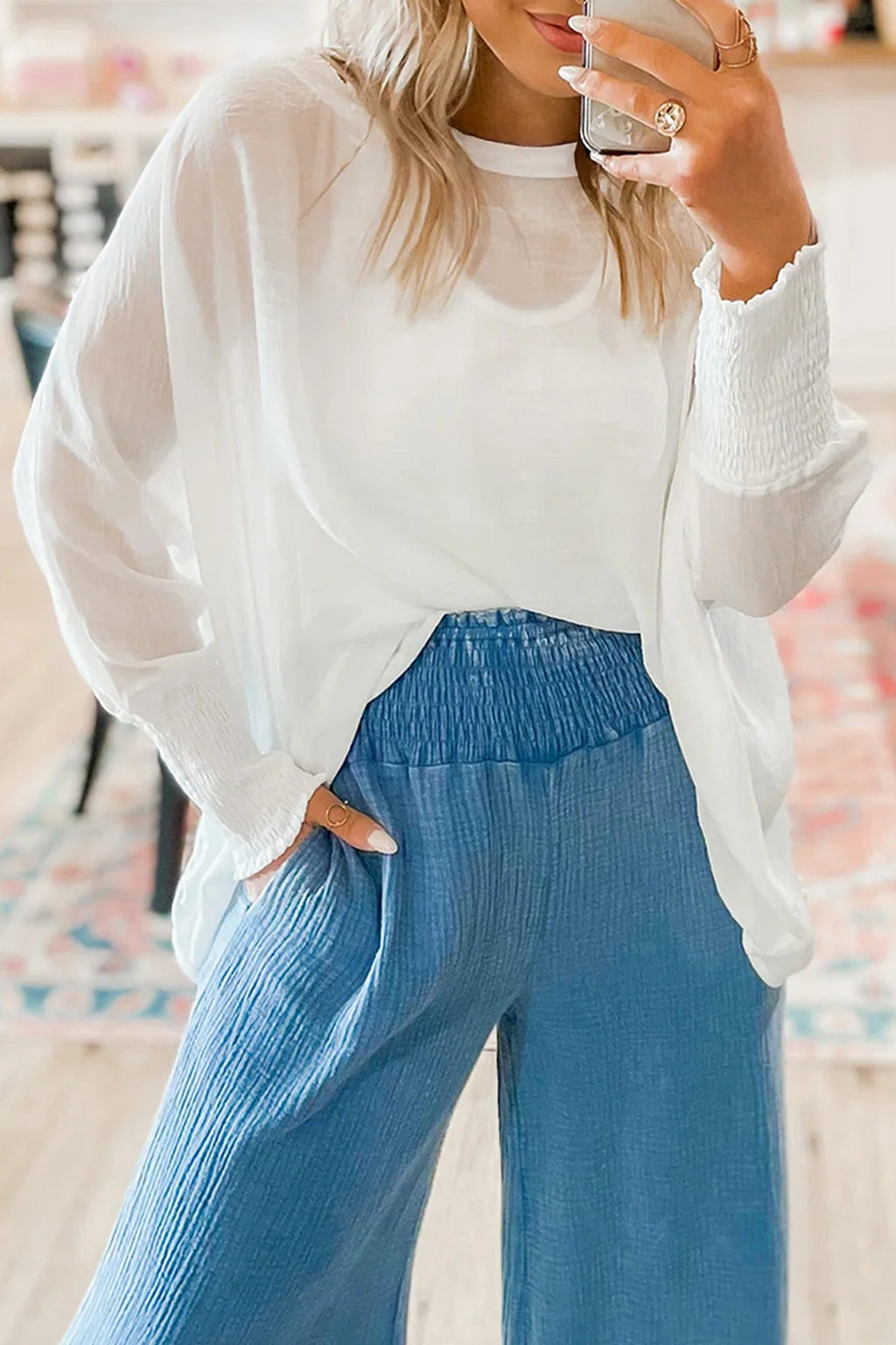 White Semi Sheer Long Sleeve Dolman Blouse with Smocked Cuffs