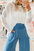 White Semi Sheer Long Sleeve Dolman Blouse with Smocked Cuffs