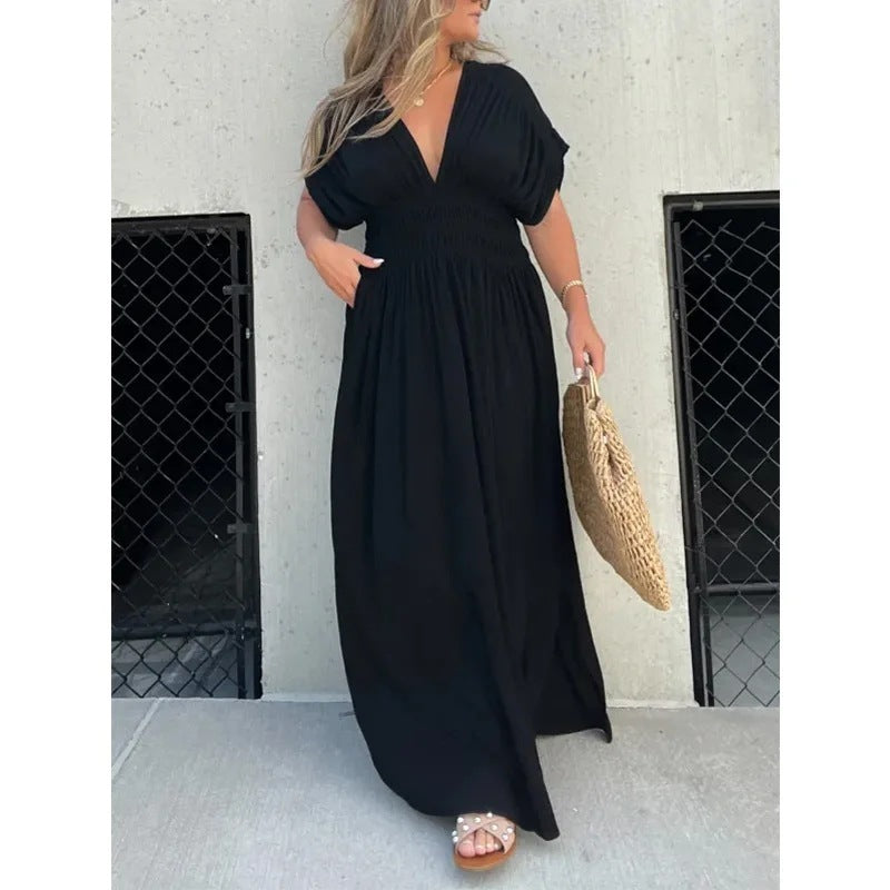 Women's Batwing Sleeve V-Neck Maxi Dress with Slit and Elastic Waist
