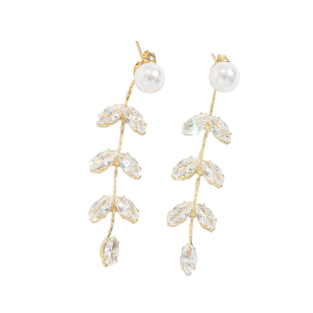 Women Faux Pearl Marquise Leaf Long Drop Earrings, Gold Rhodium Two Tone Plated Dainty Bridal Dangling Earrings For Wedding Party Valentine Daily Gift