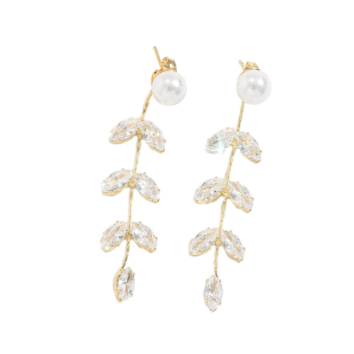 Women Faux Pearl Marquise Leaf Long Drop Earrings, Gold Rhodium Two Tone Plated Dainty Bridal Dangling Earrings For Wedding Party Valentine Daily Gift
