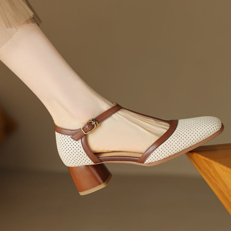 Women's Leather T-Strap Mule Sandals Vintage Inspired