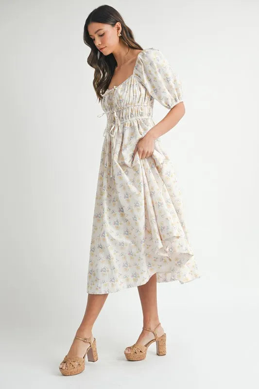 Floral Drawstring Puff Sleeve Midi Dress in White, Yellow, Blue