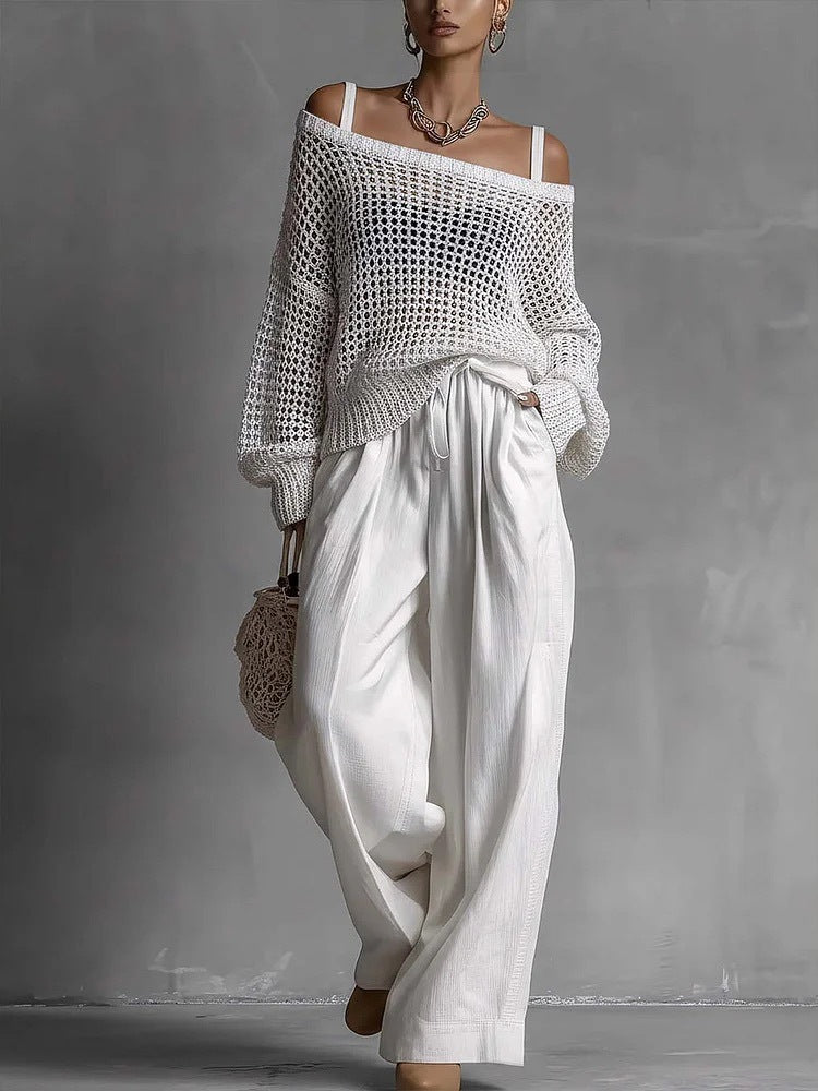 Women's Hollow-Out Knit Top and Wide-Leg Linen Pants Two-Piece Set - Image 9