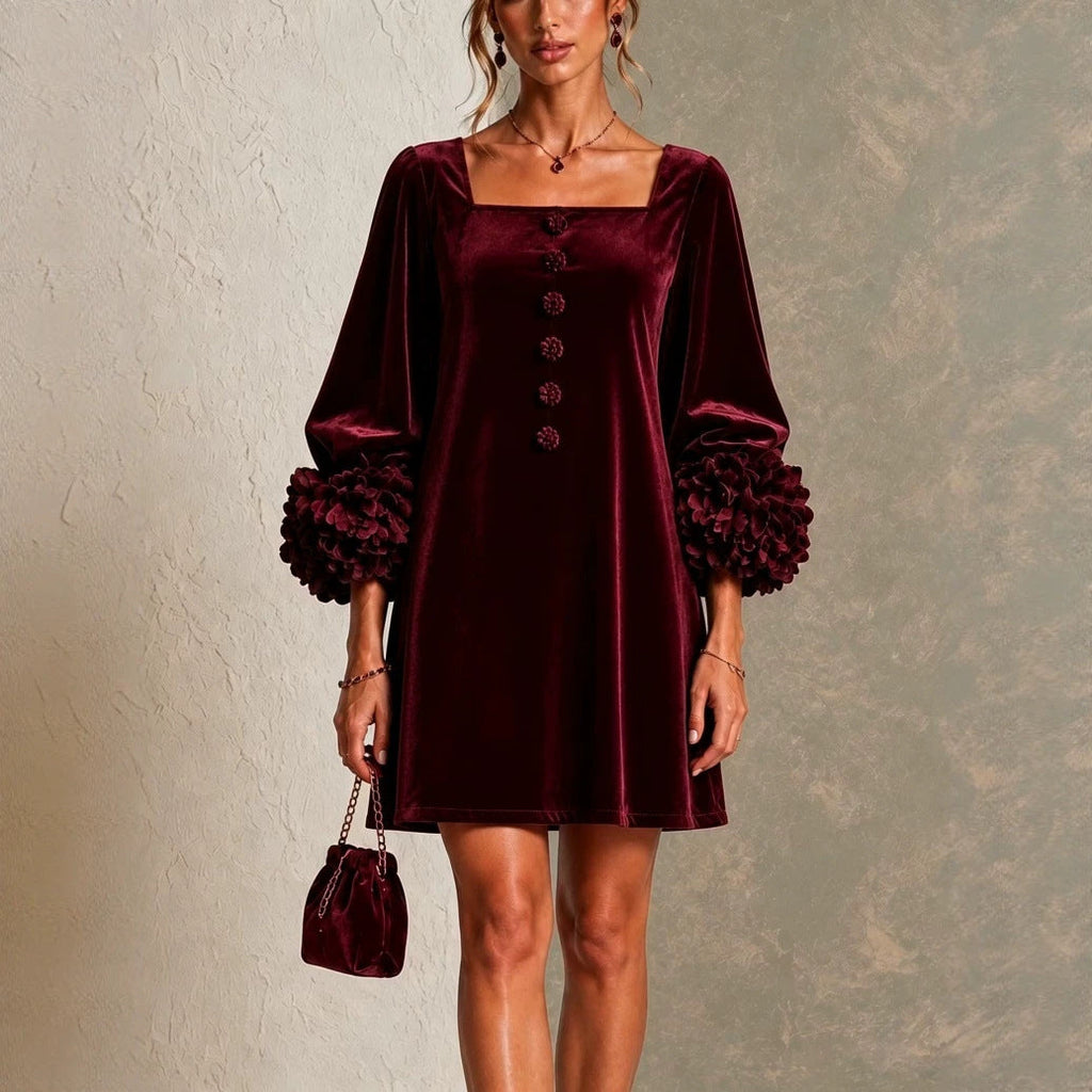 Velvet Mini Dress | Square Neck | 3D Floral Cuff Balloon Sleeve