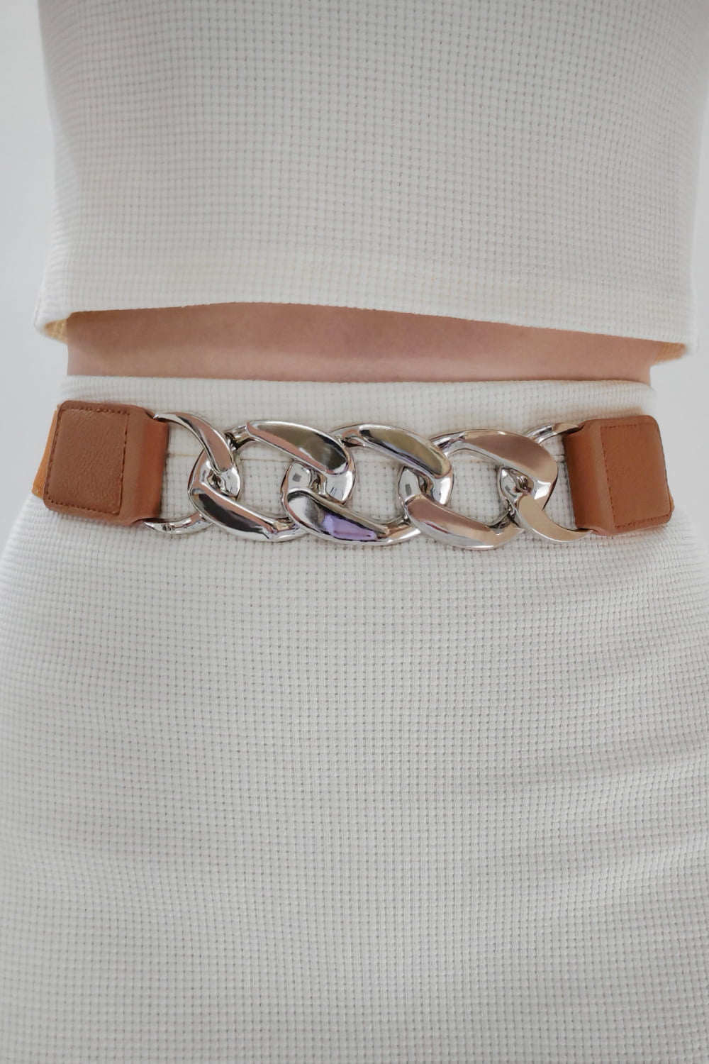 Chain Detail Elastic Belt with Alloy Buckle | PU Leather