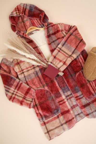 Fuzzy Plaid Hooded Jacket Long Sleeve Warm Casual Shacket