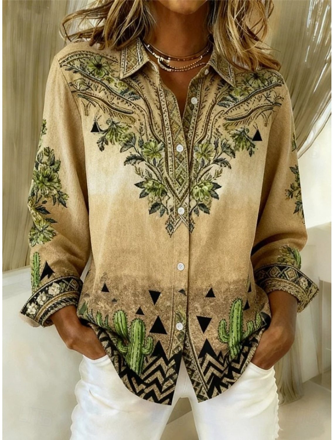 Women's Floral Print Long Sleeve Lapel Button-Down Blouse - Image 7