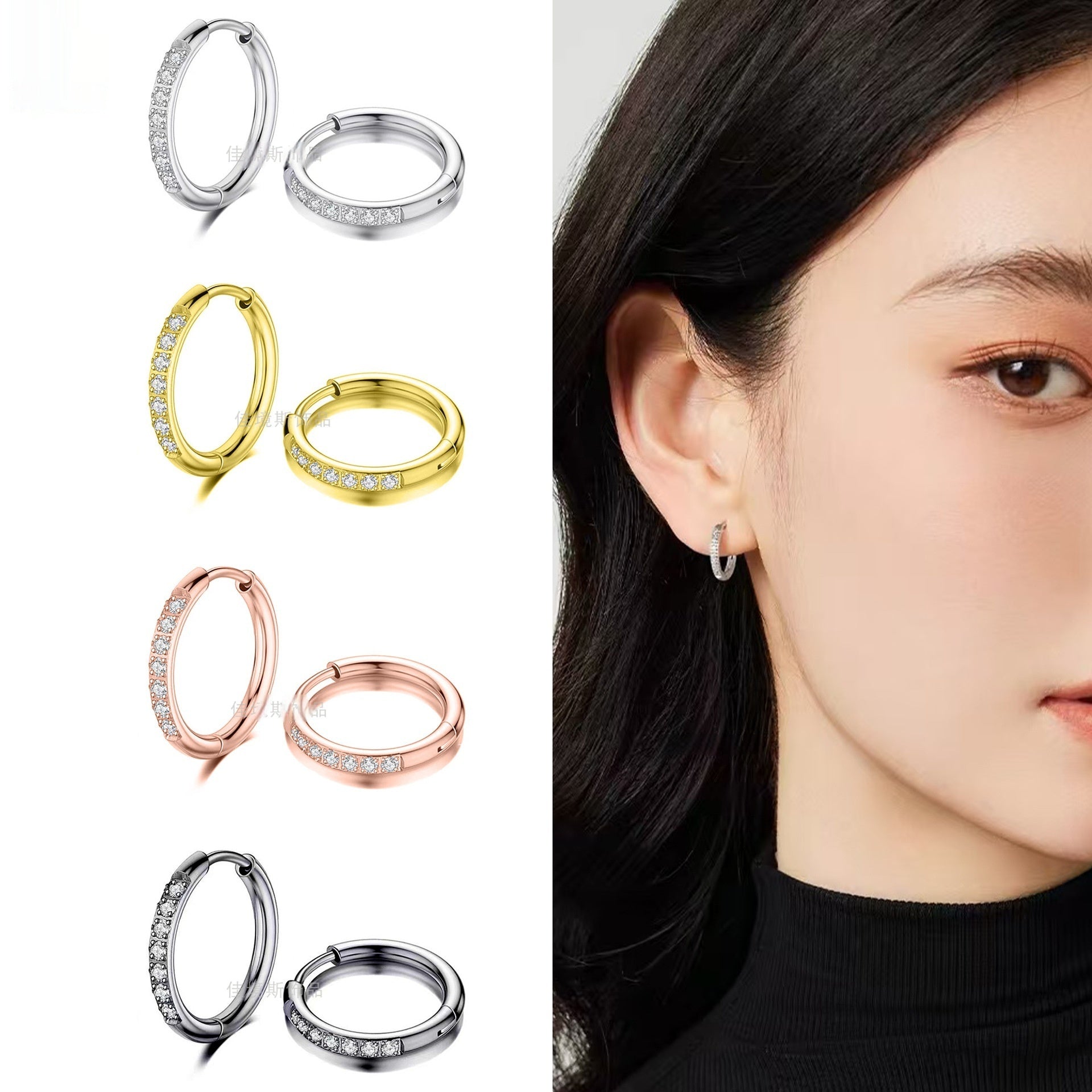 Stainless Steel Earrings With Diamond Zirconia And Plain Rings