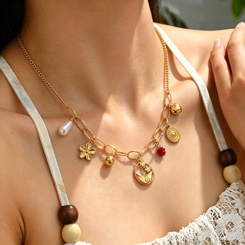 Women Paperclip Multi Charm Necklace, Vintage Coin Flower Heart Tulip Faux Pearl Beaded Chain PVD Gold Plated Adjustable Collarbone Jewelry For Daily Vacation Gift