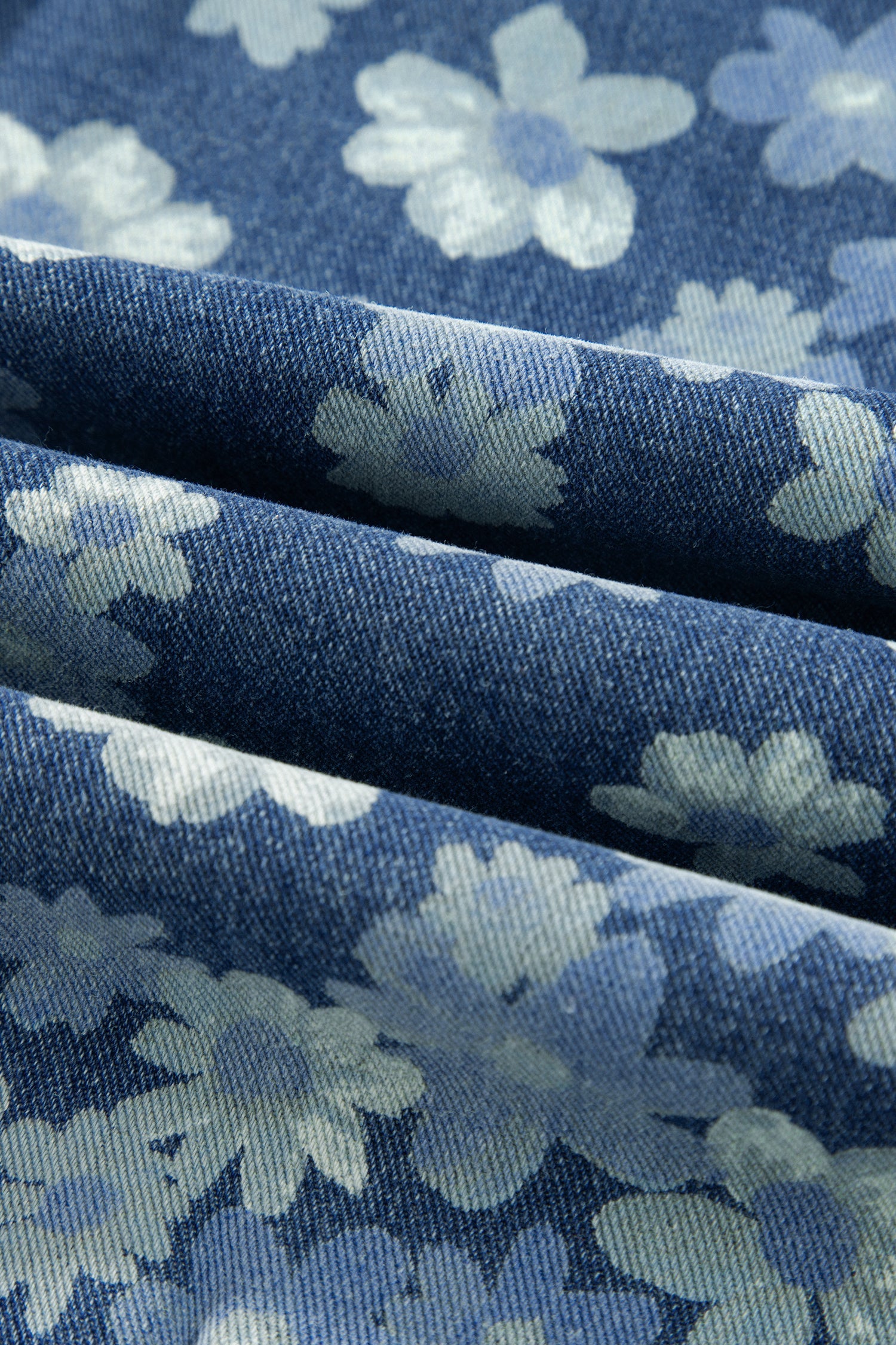 Sky Blue Dainty Floral Print Barrel Leg Drawstring Jeans
