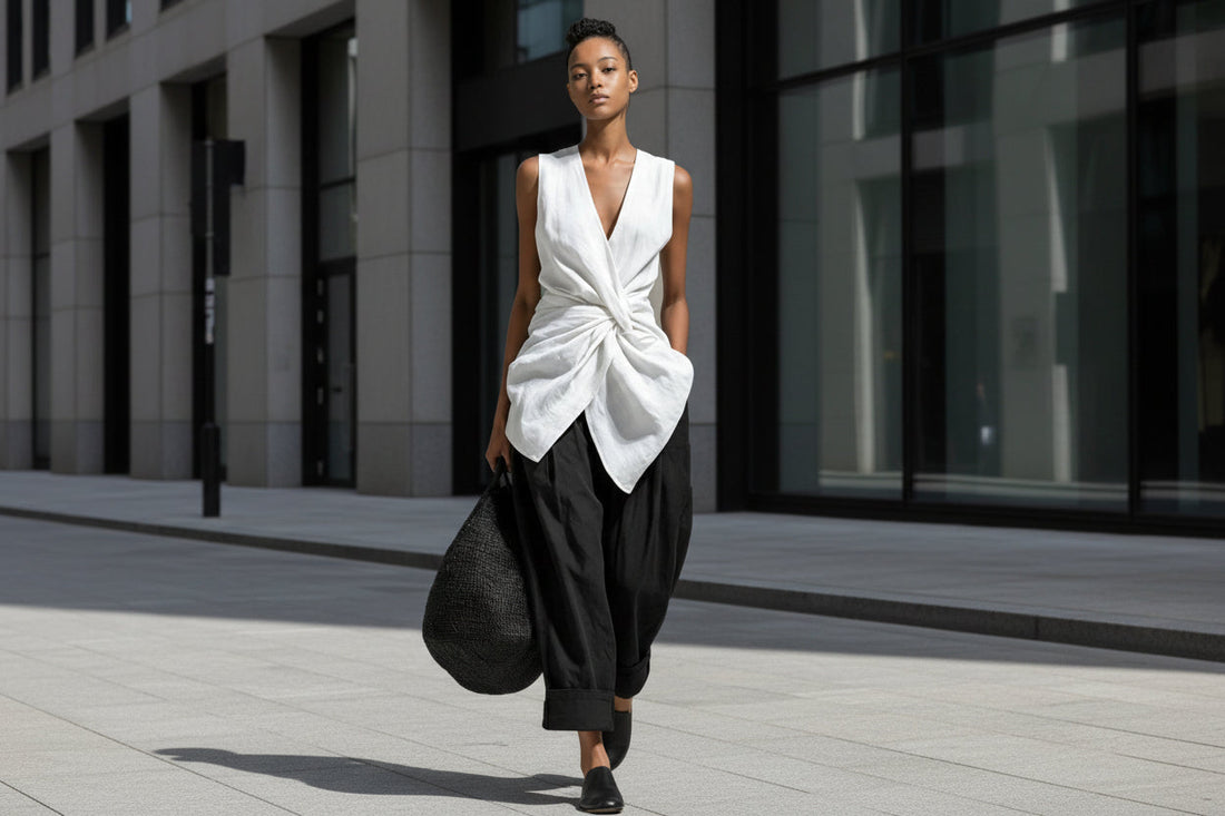 Model wearing a white tie-front sleeveless V-neck top with black wide-leg trousers