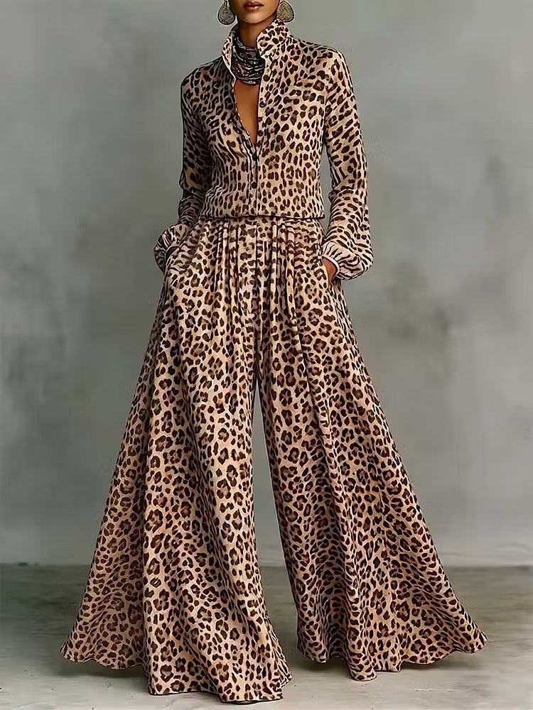 Leopard Print Wide-Leg Pants Set - Bohemian Casual Two-Piece