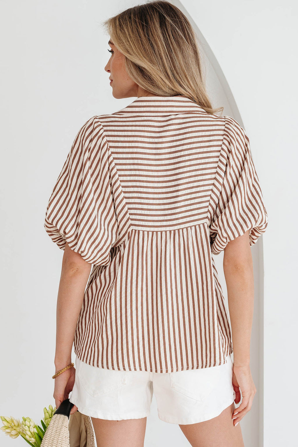 Stripe Shirred V-Neck Blouse with Short Puff Sleeves