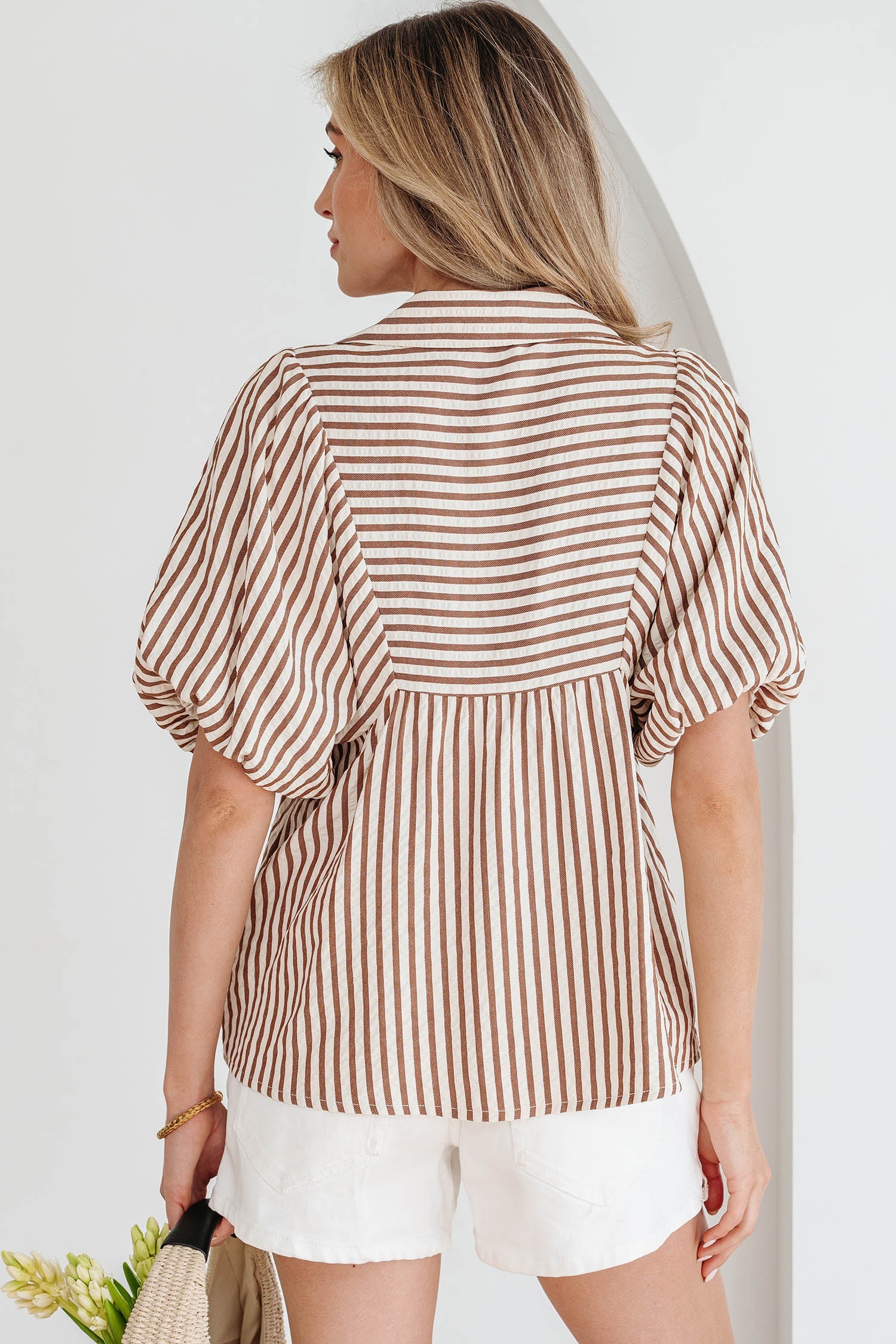 Stripe Shirred V-Neck Blouse with Short Puff Sleeves