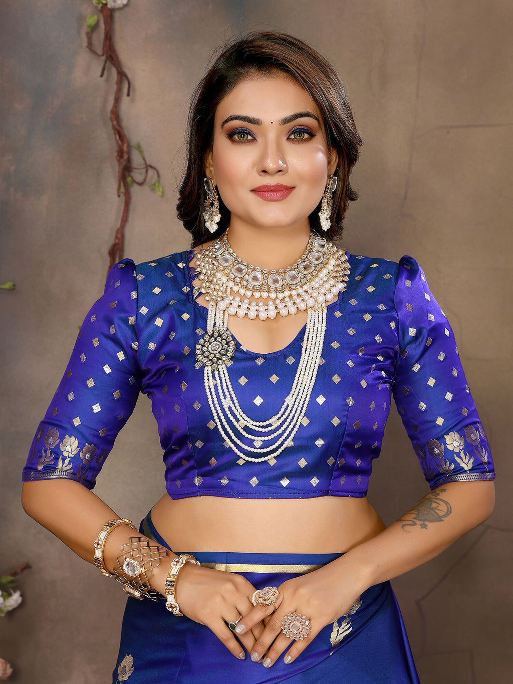 Royal Blue Floral & Botanical Satin Silk Banarasi Saree