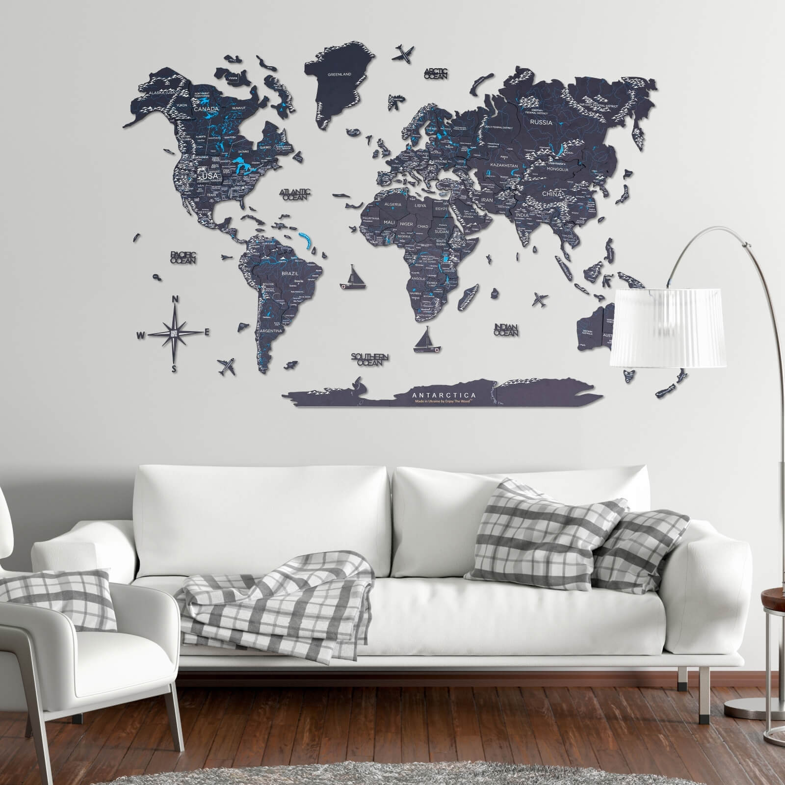 3D Wooden World Map Midnight - Modern Minimalist Wall Art