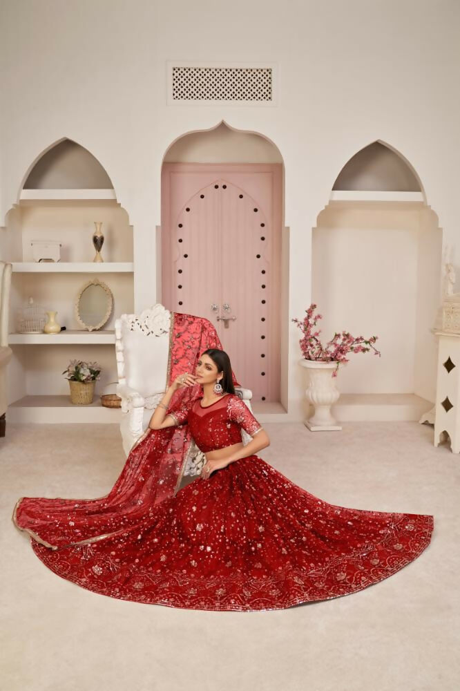 Red Butterfly Net Lehenga Choli With Zari & Sandwich Sequence Work