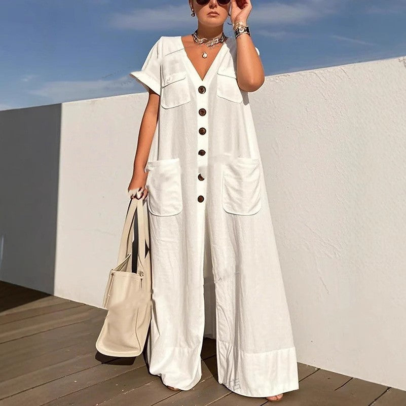 Elegant single-breasted solid color jumpsuit with pockets and quarter sleeves