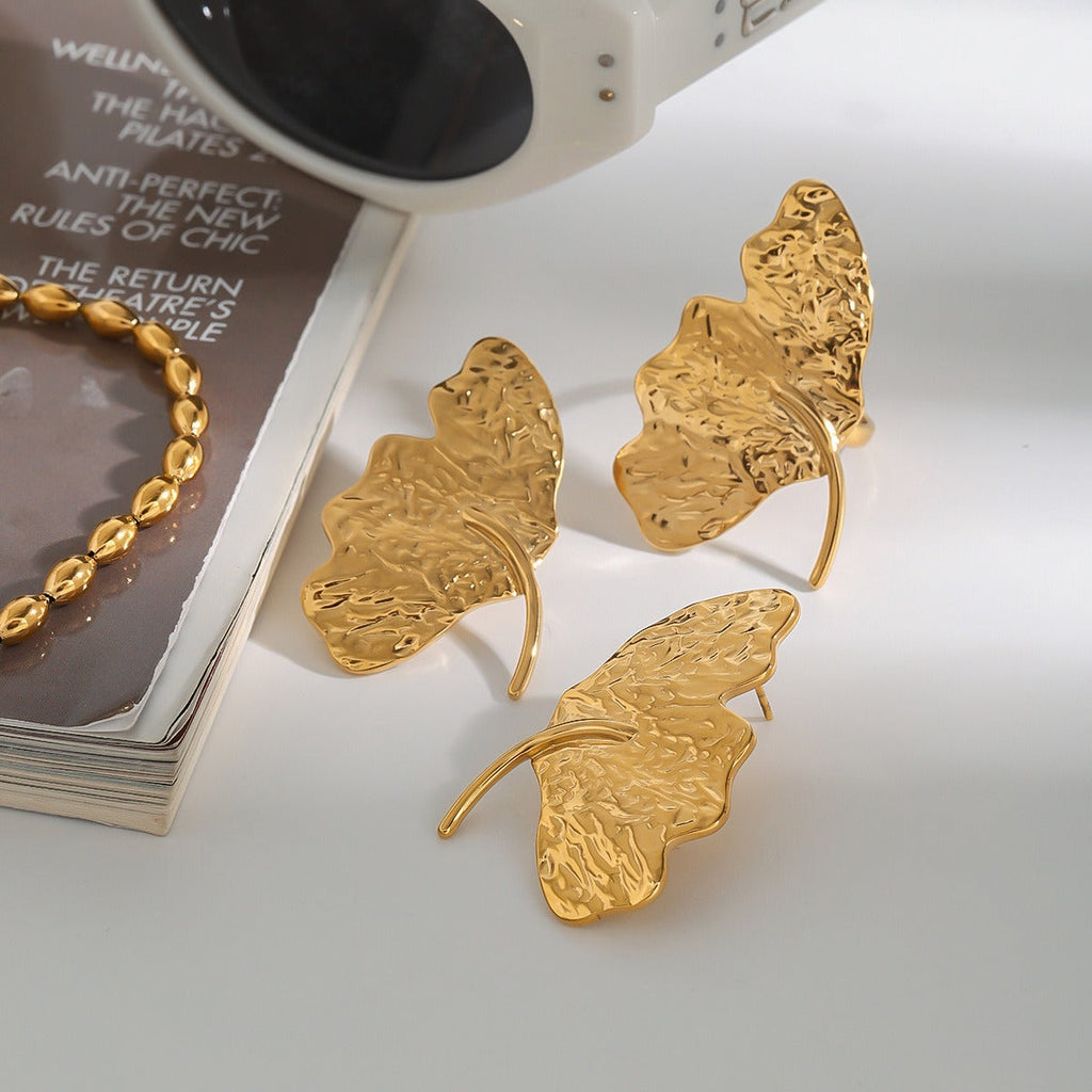 18K gold irregular leaves with texture design simple and unique earring ring set