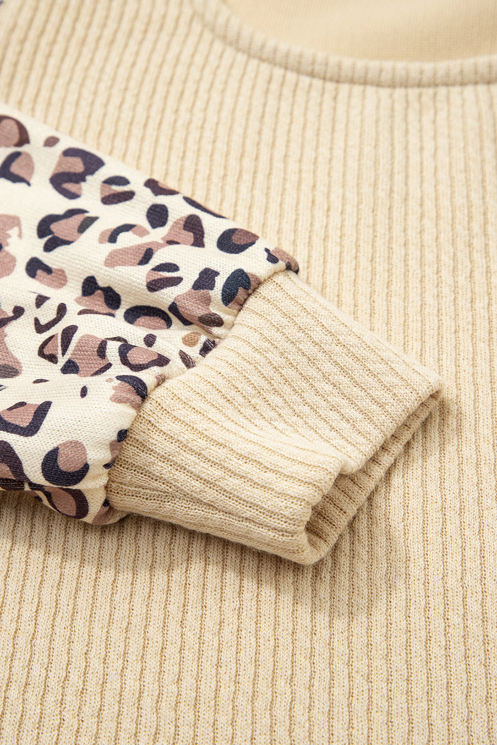 Leopard Patchwork Sleeve Ribbed Knit Scoop Neck Top