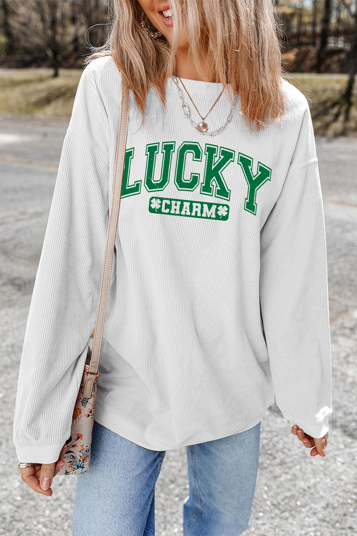 White Lucky Charm Graphic Corded Sweatshirt | Baggy Fit